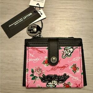 NWT Ed Hardy Bifold Snap Card Case Card Wallet Pink - Skulls Snakes Flowers Y2K